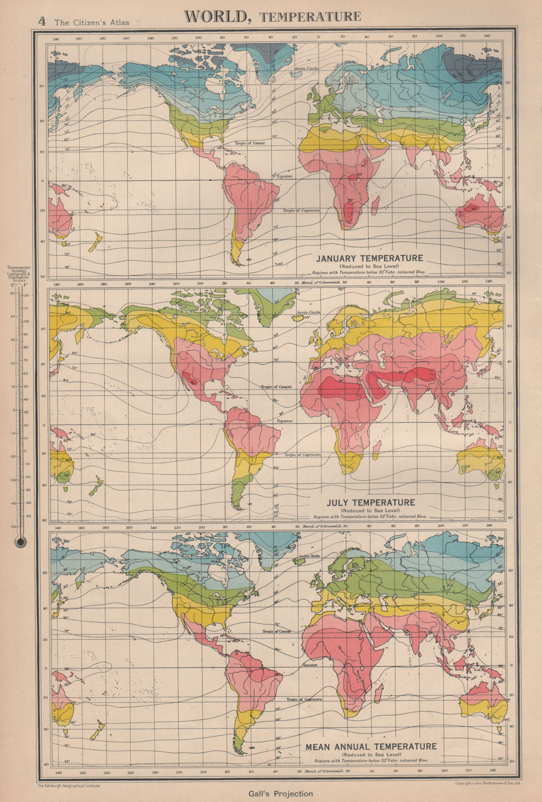WORLD TEMPERATURE. January July Mean annual. BARTHOLOMEW 1944 old vintage map